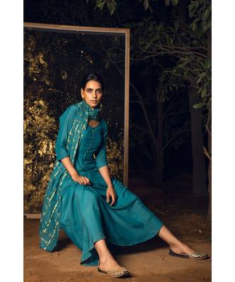 Kaari blue embroidered cotton silk kurta-sets 1