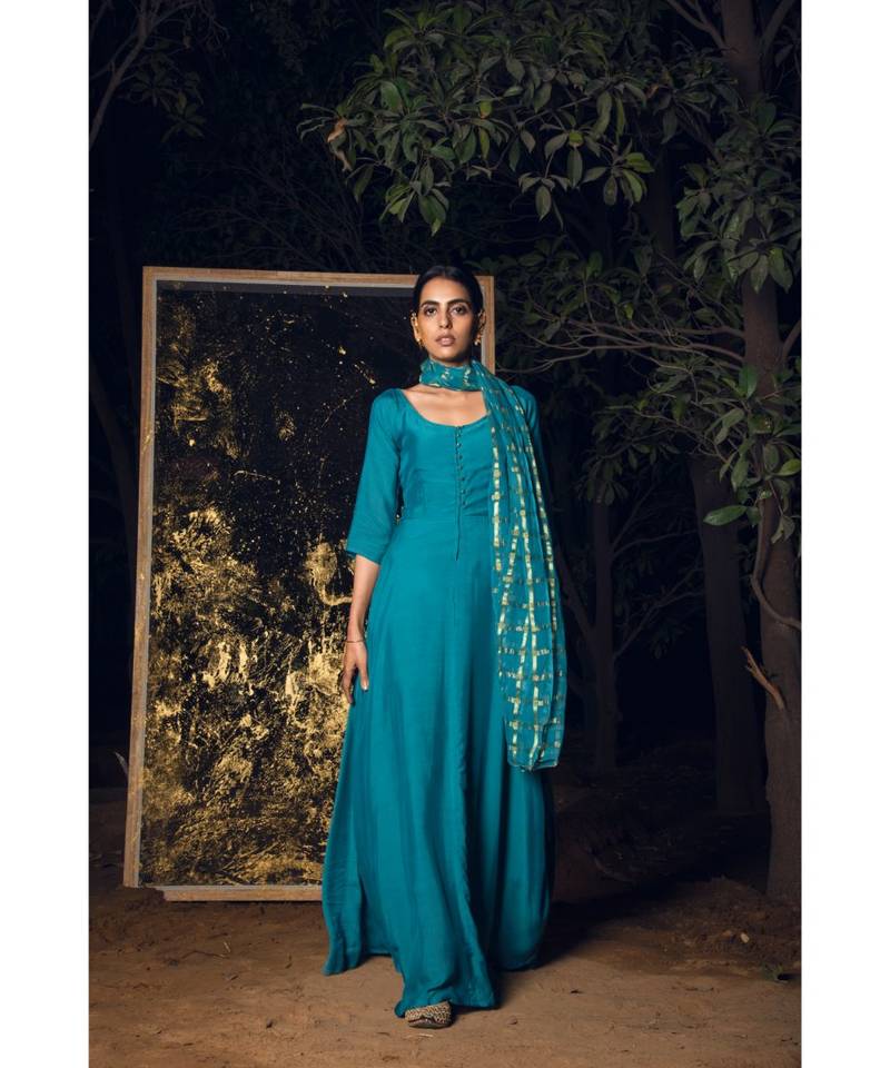 Kaari blue embroidered cotton silk kurta-sets