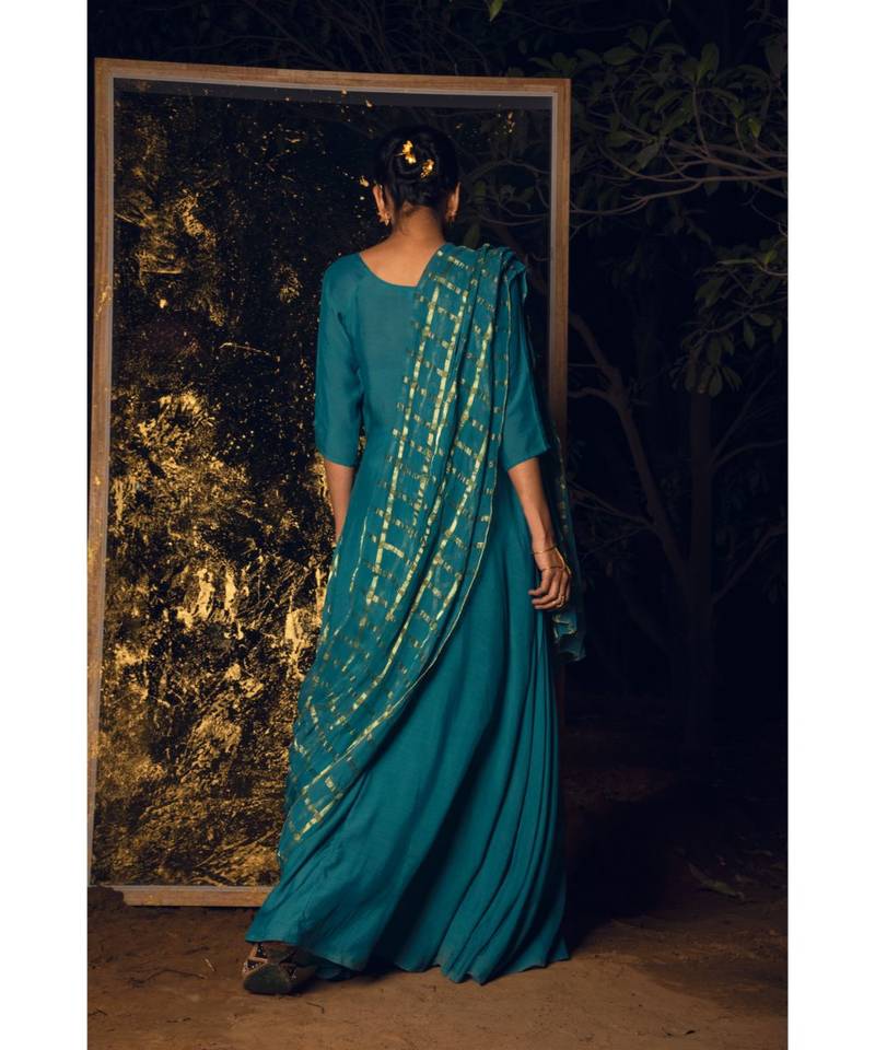 Kaari blue embroidered cotton silk kurta-sets