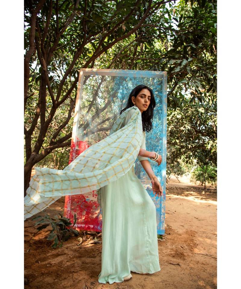 Kaari blue embroidered cotton silk kurta-sets