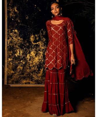 Vilasini maroon embroidered cotton silk kurta-sets 1