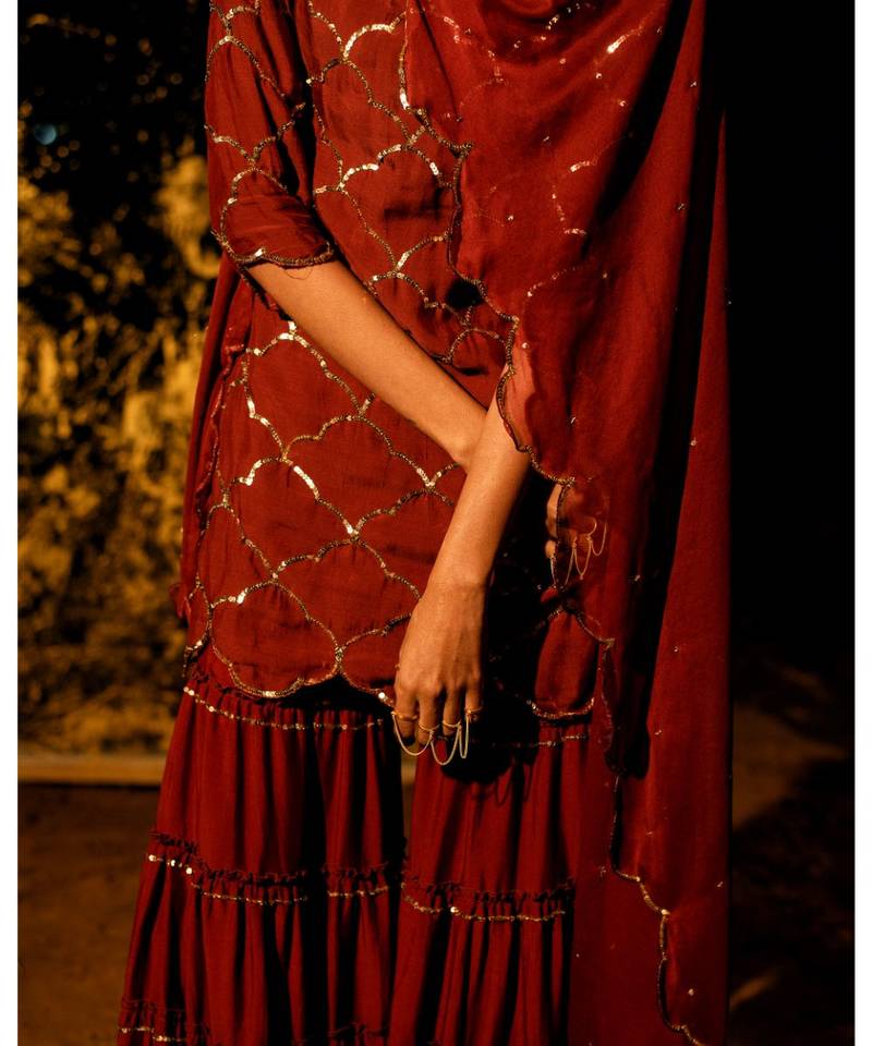 Vilasini maroon embroidered cotton silk kurta-sets