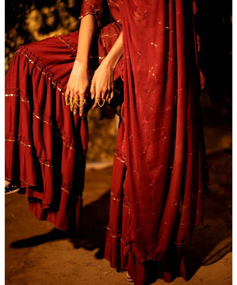 Vilasini maroon embroidered cotton silk kurta-sets