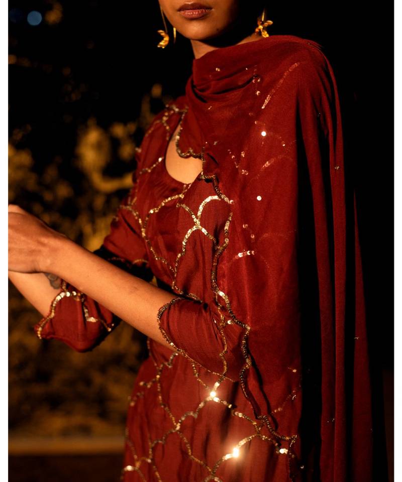 Vilasini maroon embroidered cotton silk kurta-sets