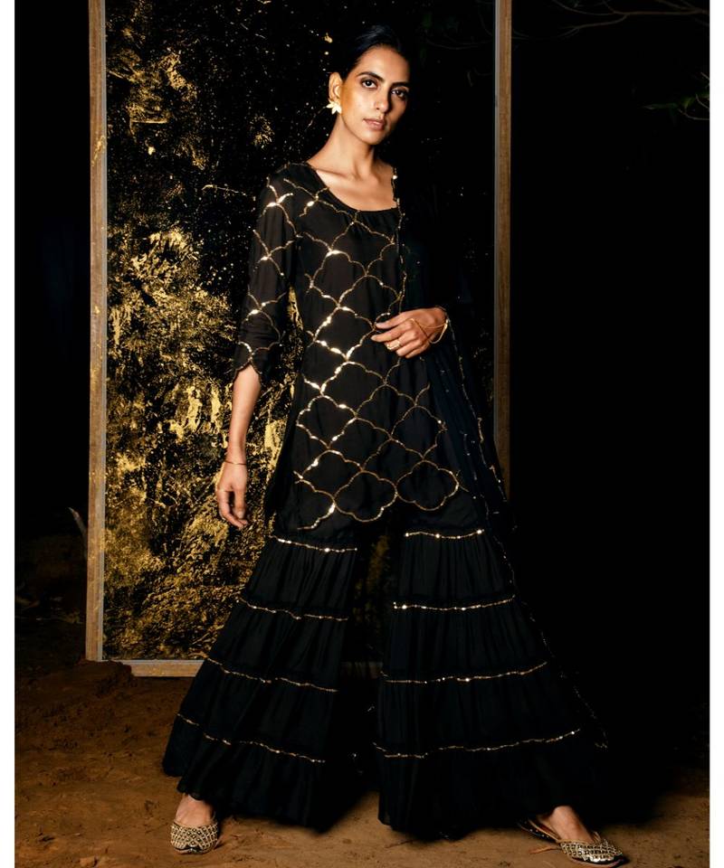 Vrinda Black embroidered cotton silk kurta-sets