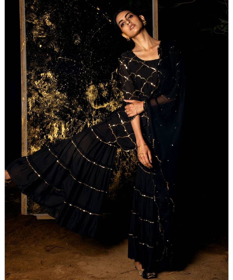 Vrinda Black embroidered cotton silk kurta-sets