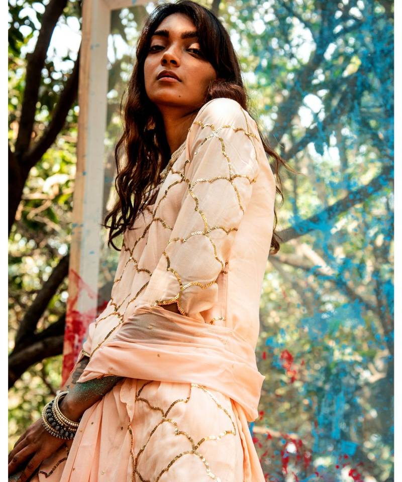 Kasita Peach embroidered cotton silk kurta-sets