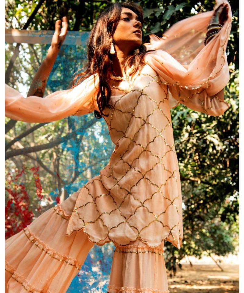 Kasita Peach embroidered cotton silk kurta-sets