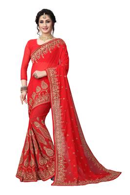 Red Embroidered Georgette Saree With Blouse 1