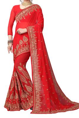 Red Embroidered Georgette Saree With Blouse 3