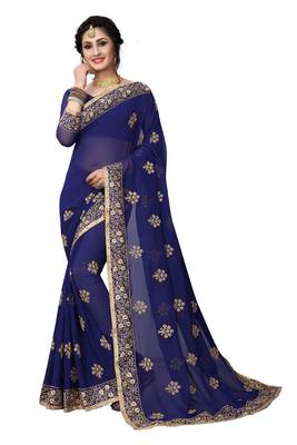 Navy Blue Embroidered Georgette Saree With Blouse 1