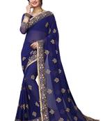 Navy Blue Embroidered Georgette Saree With Blouse
