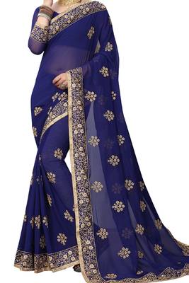 Navy Blue Embroidered Georgette Saree With Blouse 3
