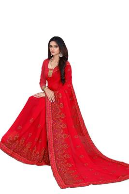 Red Embroidered Georgette Saree With Blouse 2