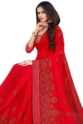 Red Embroidered Georgette Saree With Blouse 3