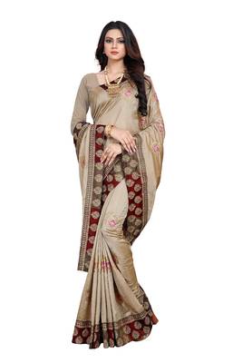 Beige Embroidered Silk Saree With Blouse 2