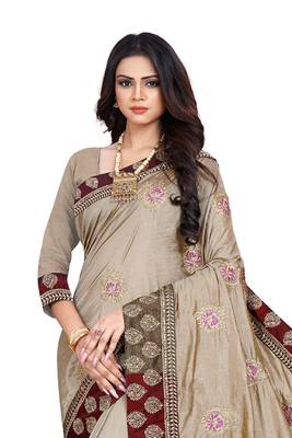 Beige Embroidered Silk Saree With Blouse 3