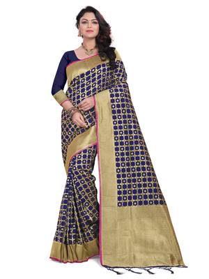 Blue Embroidered Banarasi Saree With Blouse 1