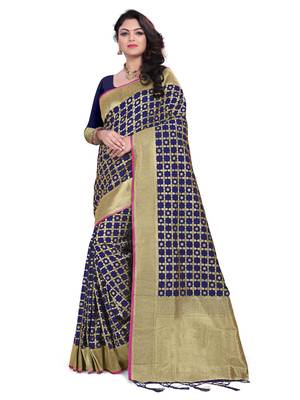 Blue Embroidered Banarasi Saree With Blouse 2