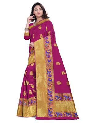 Magenta Embroidered Banarasi Saree With Blouse 2