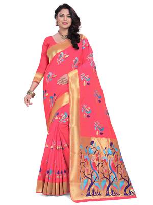 Pink Embroidered Banarasi Saree With Blouse 1