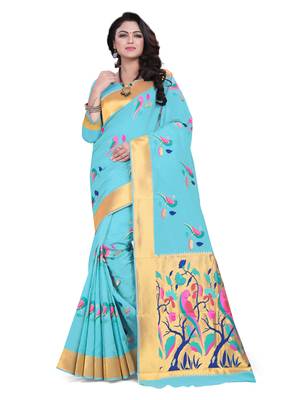 Sky Blue Embroidered Banarasi Saree With Blouse 1
