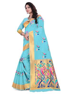 Sky Blue Embroidered Banarasi Saree With Blouse 2