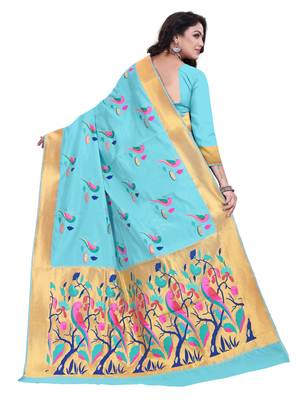 Sky Blue Embroidered Banarasi Saree With Blouse 3