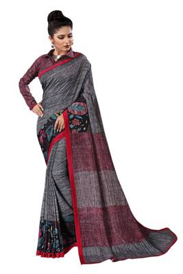 Grey Printed Silk Saree With Blouse 1