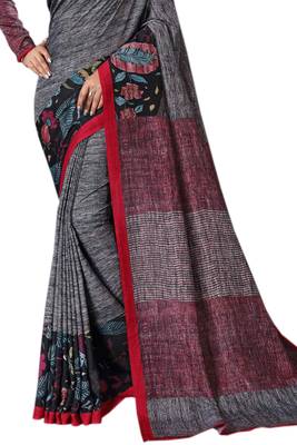Grey Printed Silk Saree With Blouse 2