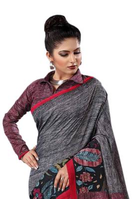 Grey Printed Silk Saree With Blouse 3