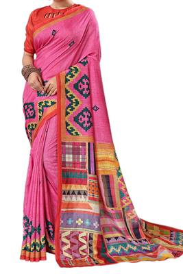 Pink Printed Silk Saree With Blouse 2