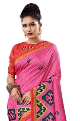 Pink Printed Silk Saree With Blouse 3