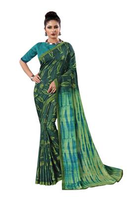 Teal Printed Silk Saree With Blouse 1