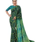 Teal Printed Silk Saree With Blouse