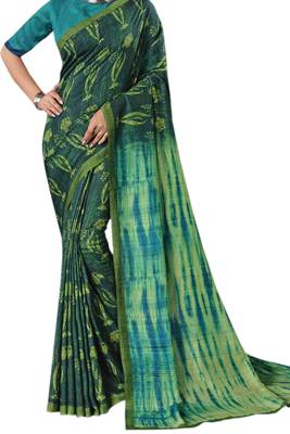 Teal Printed Silk Saree With Blouse 2