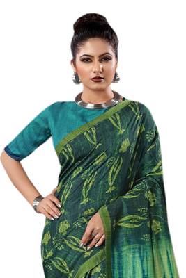 Teal Printed Silk Saree With Blouse 3
