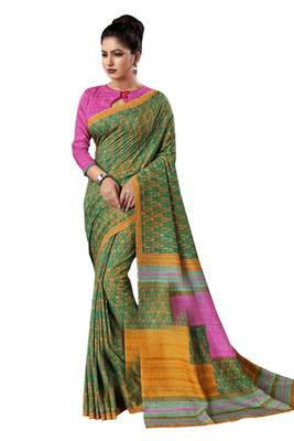 Green Printed Silk Saree With Blouse 1