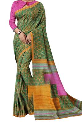 Green Printed Silk Saree With Blouse 2