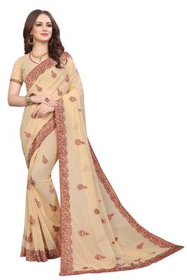 Beige Embroidered Georgette Saree With Blouse 1