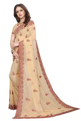 Beige Embroidered Georgette Saree With Blouse 2