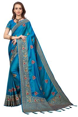 Blue Embroidered Silk Saree With Blouse 1