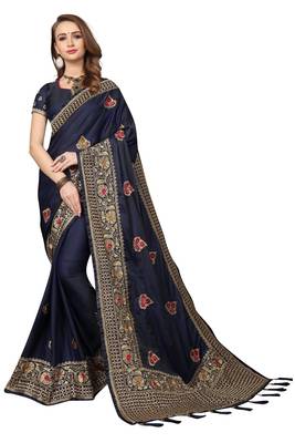Navy Blue Embroidered Silk Saree With Blouse 1