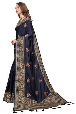 Navy Blue Embroidered Silk Saree With Blouse 2