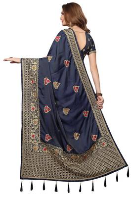 Navy Blue Embroidered Silk Saree With Blouse 3