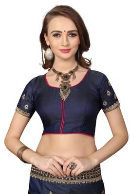 Navy Blue Embroidered Silk Saree With Blouse 4