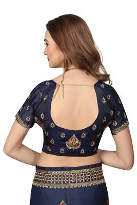 Navy Blue Embroidered Silk Saree With Blouse 5