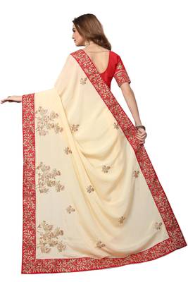 Beige Embroidered Satin Saree With Blouse 3