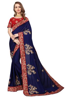 Blue Embroidered Satin Saree With Blouse 1