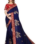 Blue Embroidered Satin Saree With Blouse